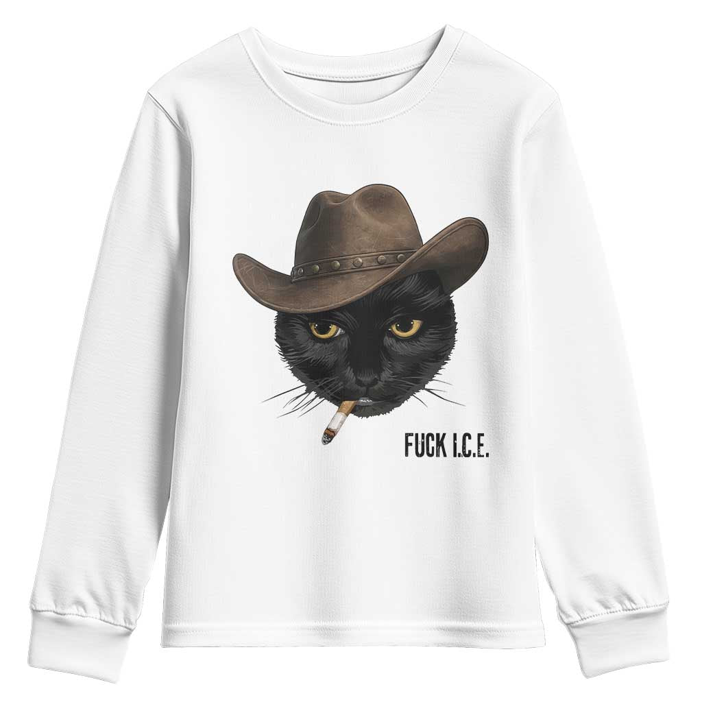 Funny Cowboy Cat Smoking Anti ICE Protest Meme Youth Sweatshirt TS14 White Print Your Wear