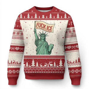 Fck Ice No Human Is Illegal Ugly Christmas Sweater Statue of Liberty Anti ICE Immigration Human Rights Protest TS14 Beige Red Print Your Wear