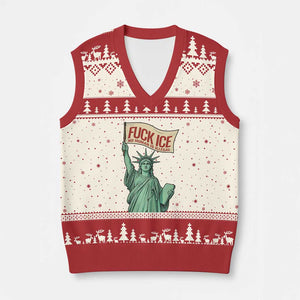 Fck Ice No Human Is Illegal V-Neck Knit Sweater Vest Statue of Liberty Anti ICE Immigration Human Rights Protest TS14 Beige Red Print Your Wear