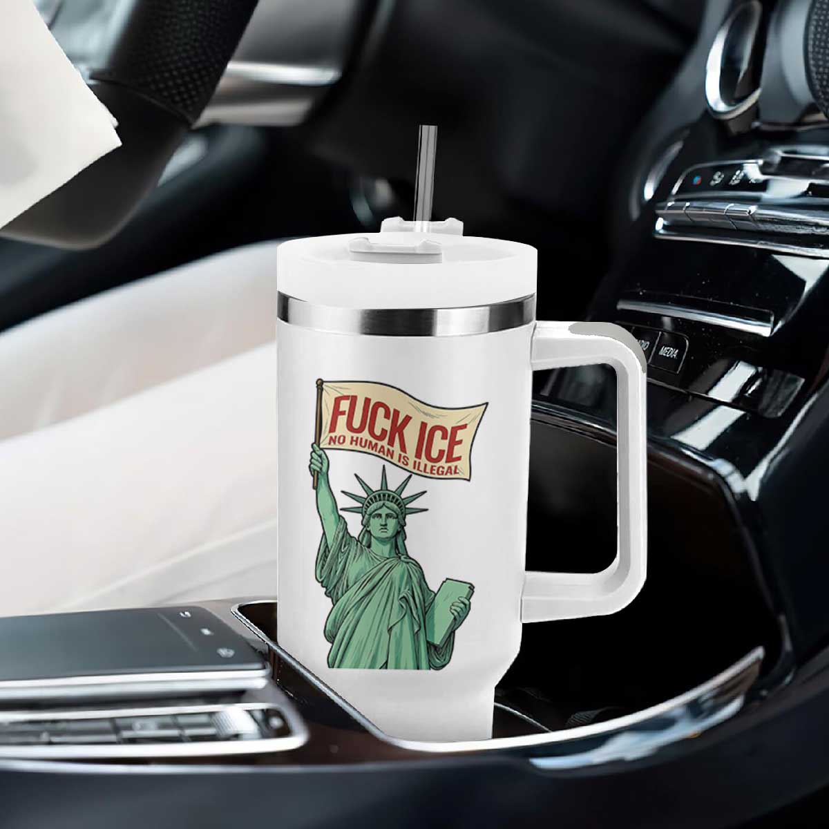 Fck Ice No Human Is Illegal Tumbler With Handle Statue of Liberty Anti ICE Immigration Human Rights Protest TS14 Print Your Wear