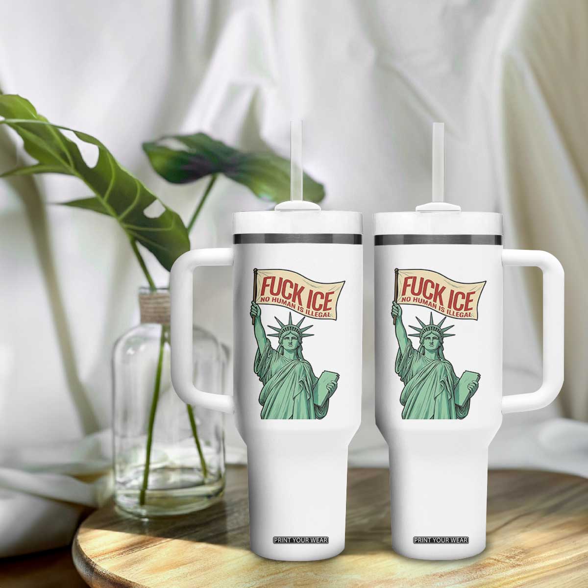 Fck Ice No Human Is Illegal Tumbler With Handle Statue of Liberty Anti ICE Immigration Human Rights Protest TS14 Print Your Wear