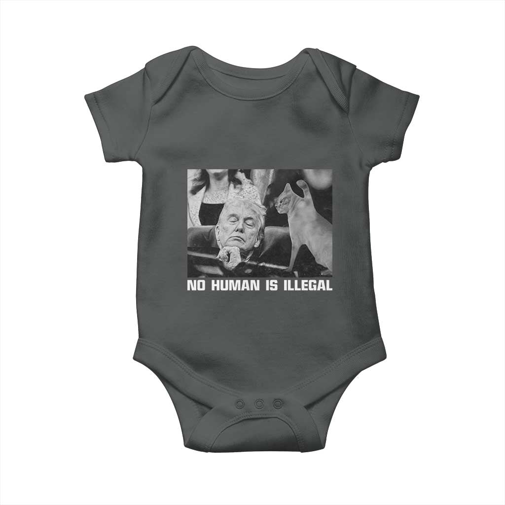 No Human Is Illegal Baby Onesie Funny Cat Anti ICE Meme TS14 Dark Heather Print Your Wear