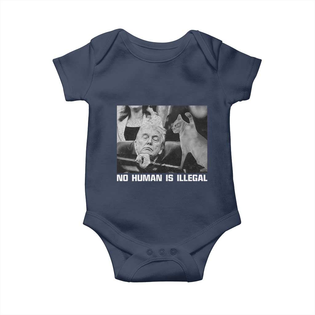 No Human Is Illegal Baby Onesie Funny Cat Anti ICE Meme TS14 Navy Print Your Wear