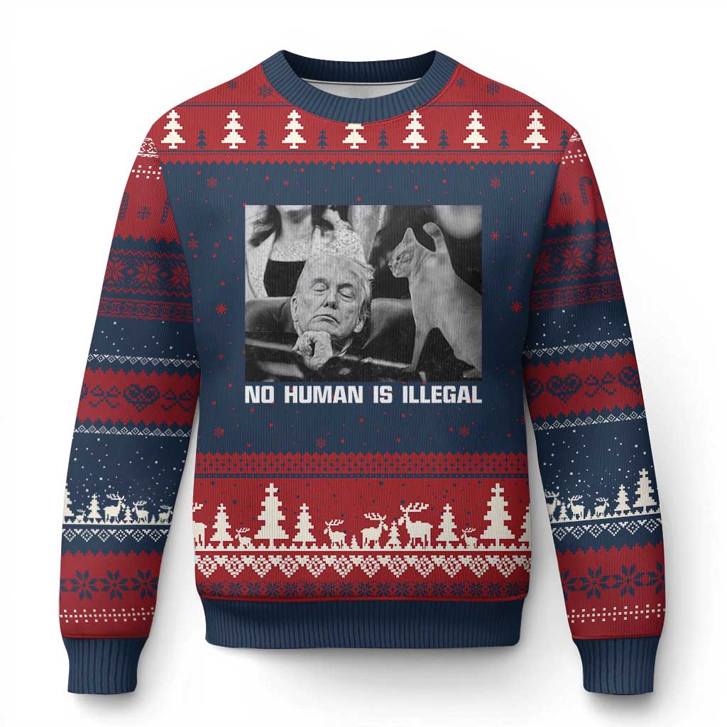 No Human Is Illegal Ugly Christmas Sweater Funny Cat Anti ICE Meme TS14 Navy Red Print Your Wear