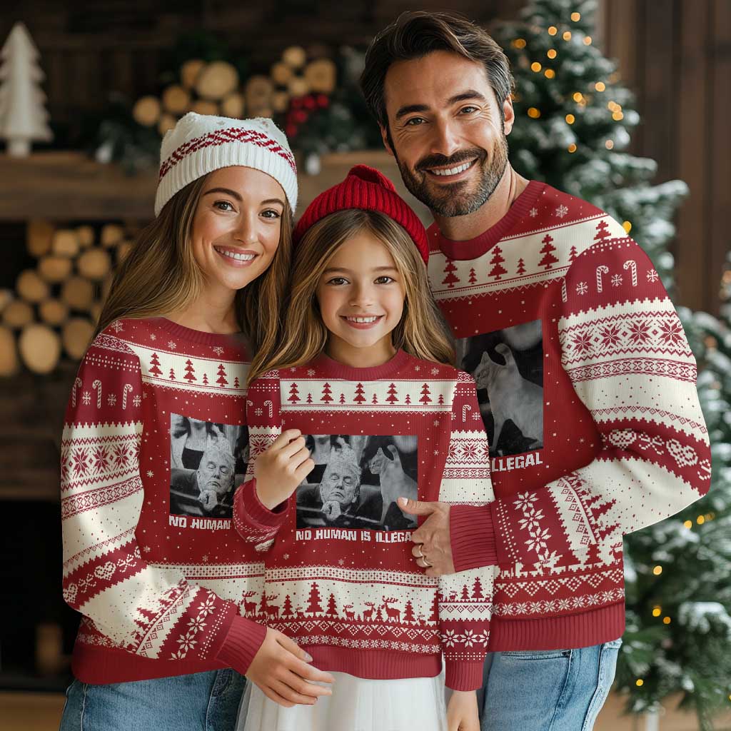 No Human Is Illegal Ugly Christmas Sweater Funny Cat Anti ICE Meme TS14 Red Beige Print Your Wear
