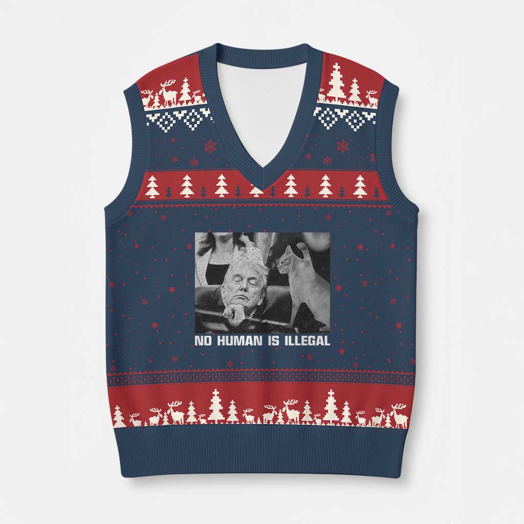 No Human Is Illegal V-Neck Knit Sweater Vest Funny Cat Anti ICE Meme TS14 Navy Red Print Your Wear