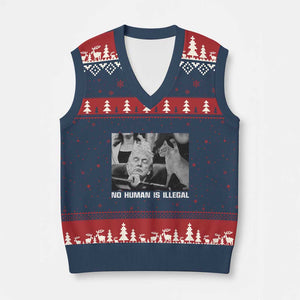 No Human Is Illegal V-Neck Knit Sweater Vest Funny Cat Anti ICE Meme TS14 Navy Red Print Your Wear