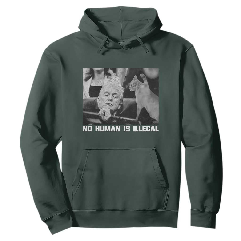 No Human Is Illegal Hoodie Funny Cat Anti ICE Meme TS14 Dark Forest Green Print Your Wear