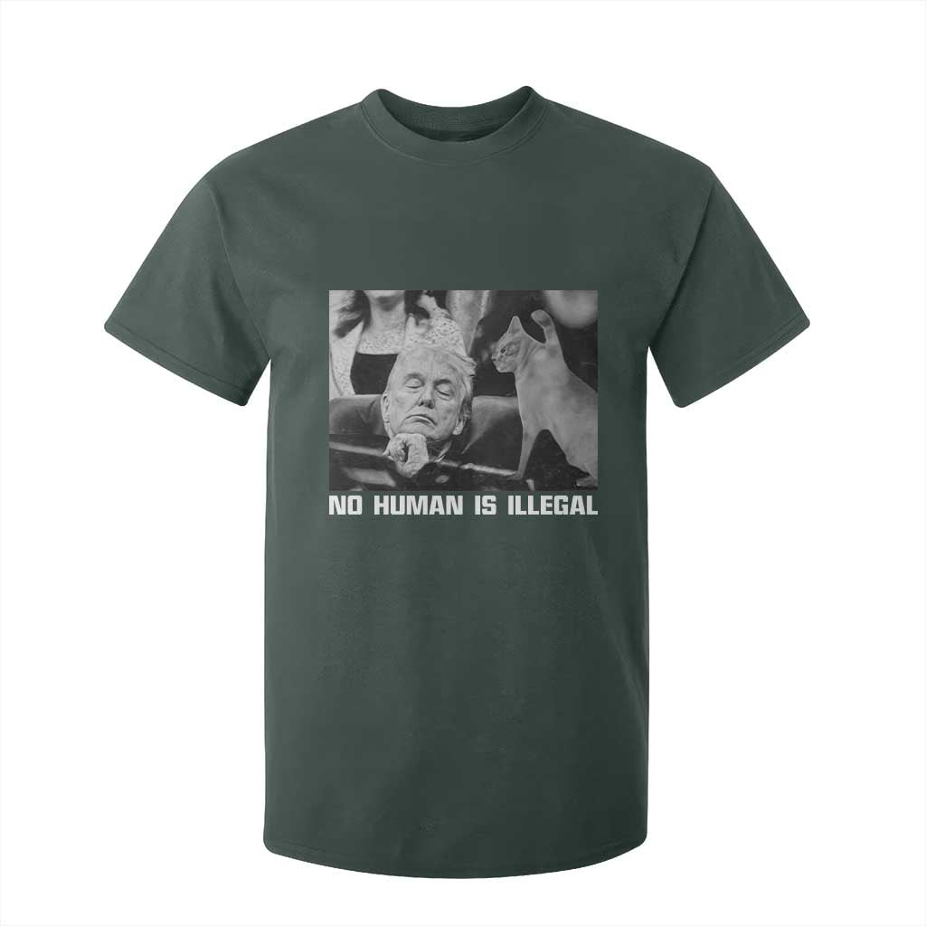 No Human Is Illegal T Shirt For Kid Funny Cat Anti ICE Meme TS14 Dark Forest Green Print Your Wear