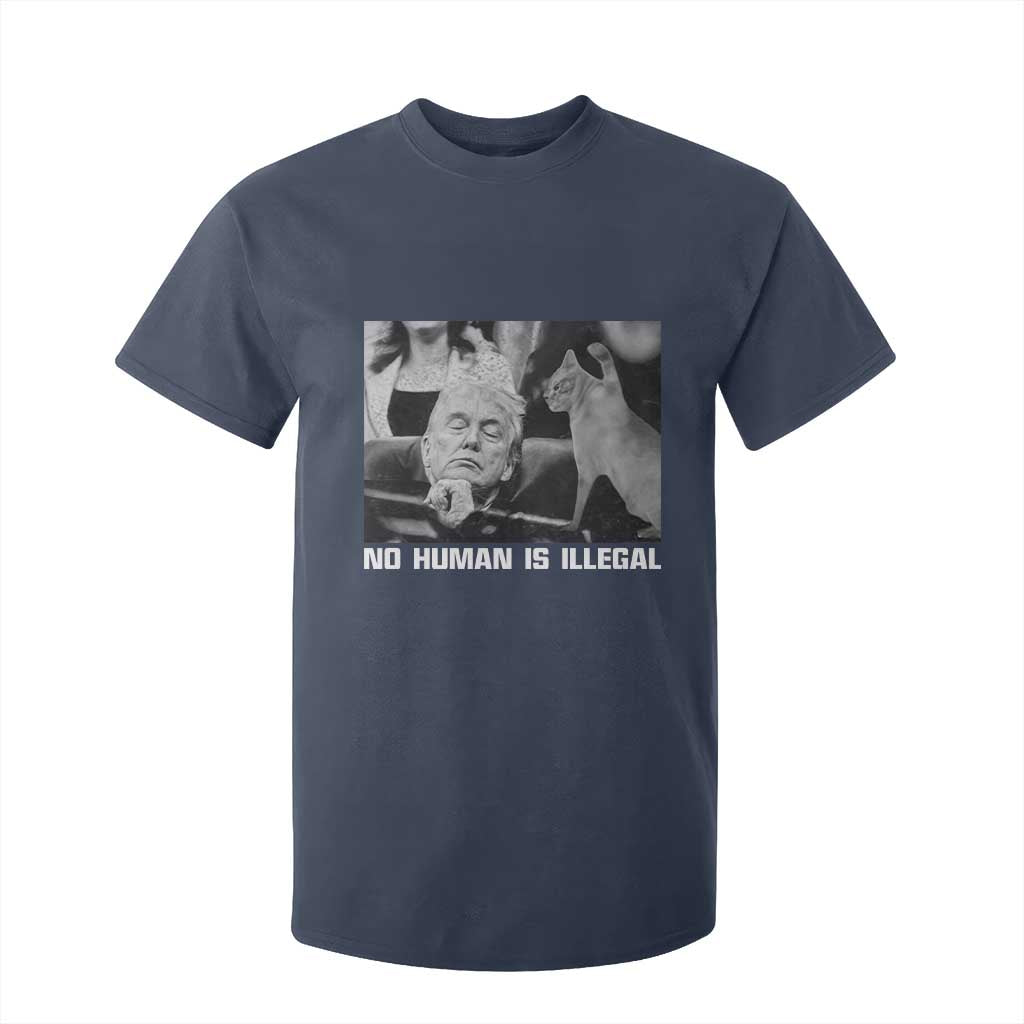 No Human Is Illegal T Shirt For Kid Funny Cat Anti ICE Meme TS14 Navy Print Your Wear