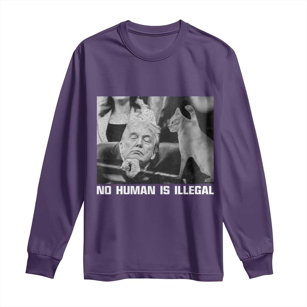 No Human Is Illegal Long Sleeve Shirt Funny Cat Anti ICE Meme TS14 Purple Print Your Wear
