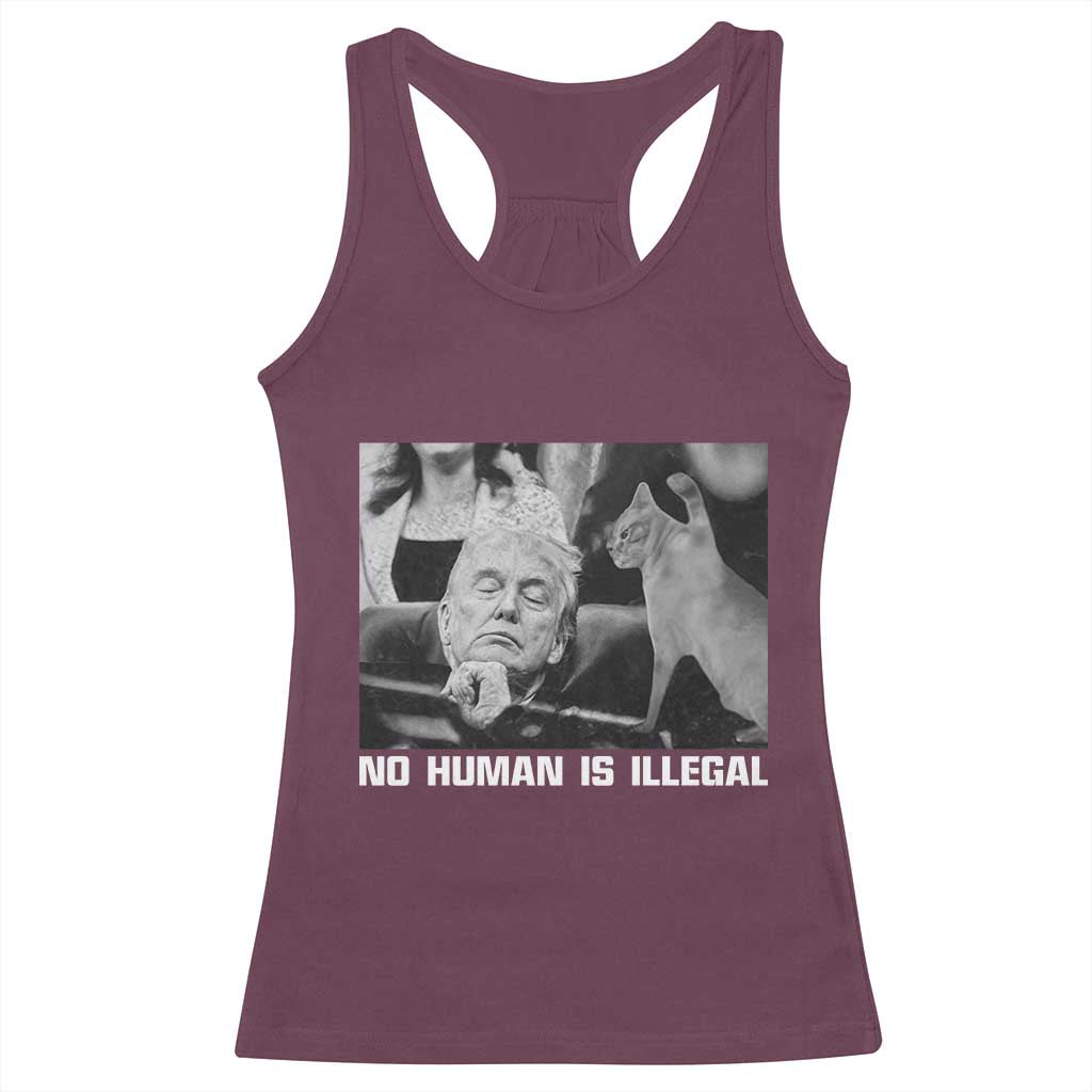 No Human Is Illegal Racerback Tank Top Funny Cat Anti ICE Meme TS14 Maroon Print Your Wear