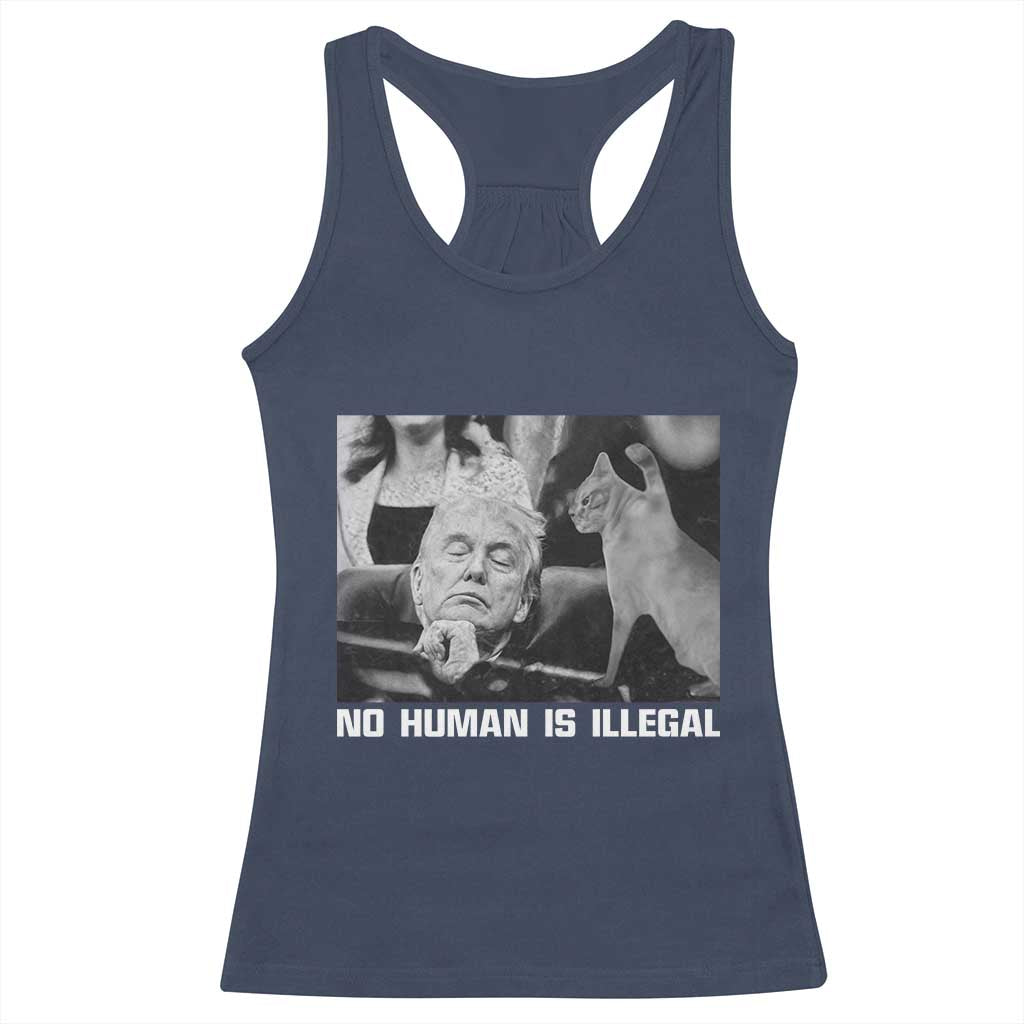 No Human Is Illegal Racerback Tank Top Funny Cat Anti ICE Meme TS14 Navy Print Your Wear