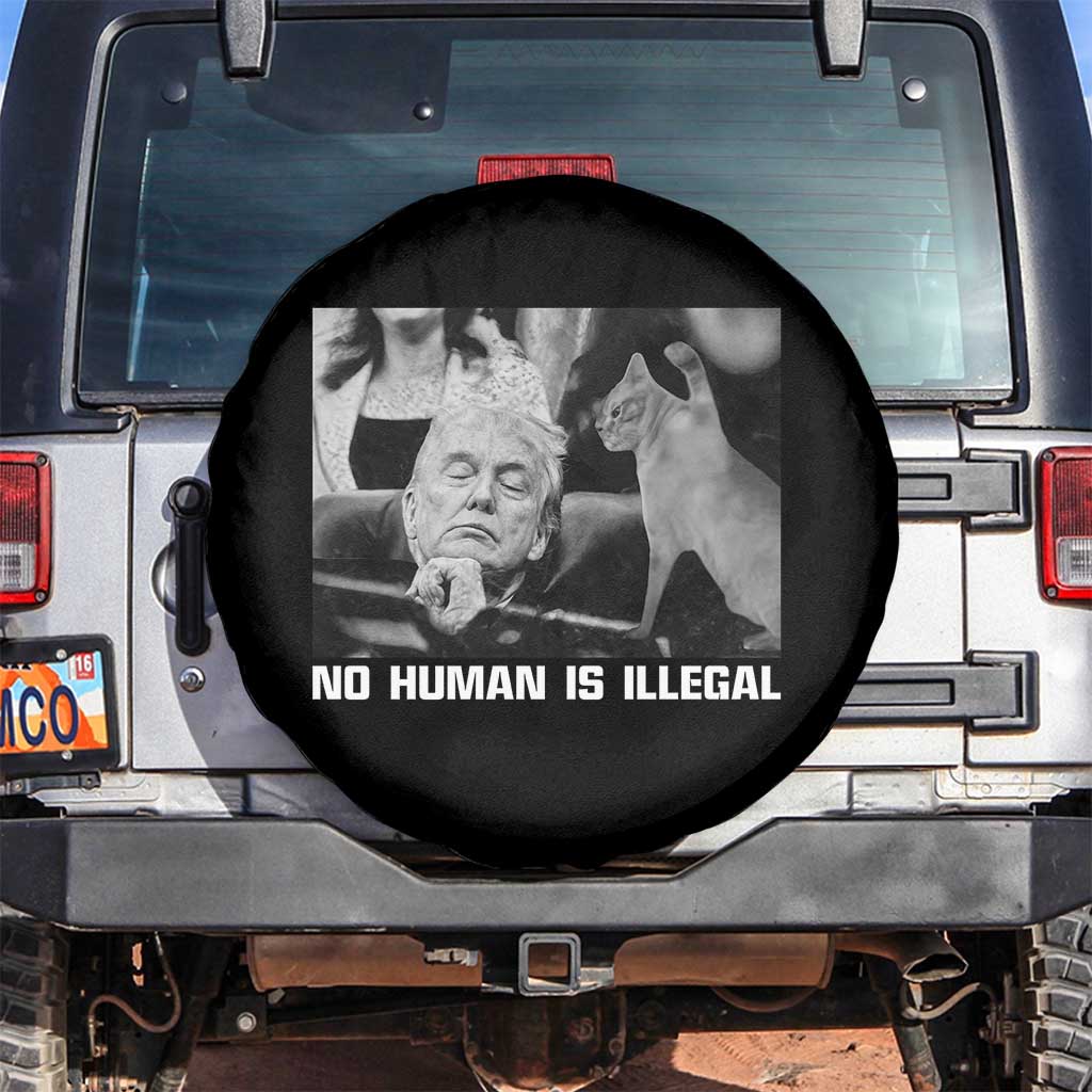 No Human Is Illegal Spare Tire Cover Funny Cat Anti ICE Meme TS14 No hole Black Print Your Wear