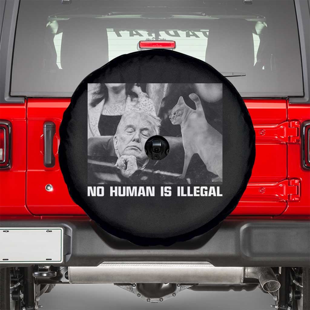 No Human Is Illegal Spare Tire Cover Funny Cat Anti ICE Meme TS14 Black Print Your Wear