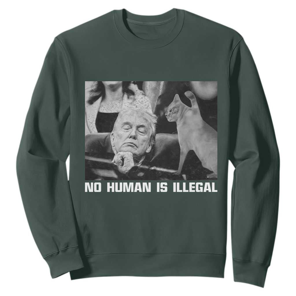 No Human Is Illegal Sweatshirt Funny Cat Anti ICE Meme TS14 Dark Forest Green Print Your Wear
