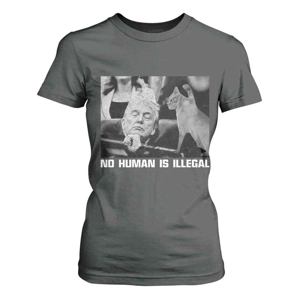 No Human Is Illegal T Shirt For Women Funny Cat Anti ICE Meme TS14 Dark Heather Print Your Wear