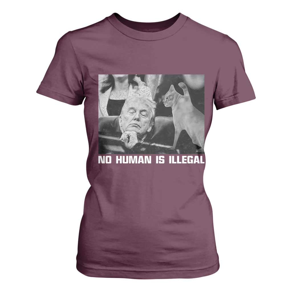 No Human Is Illegal T Shirt For Women Funny Cat Anti ICE Meme TS14 Maroon Print Your Wear