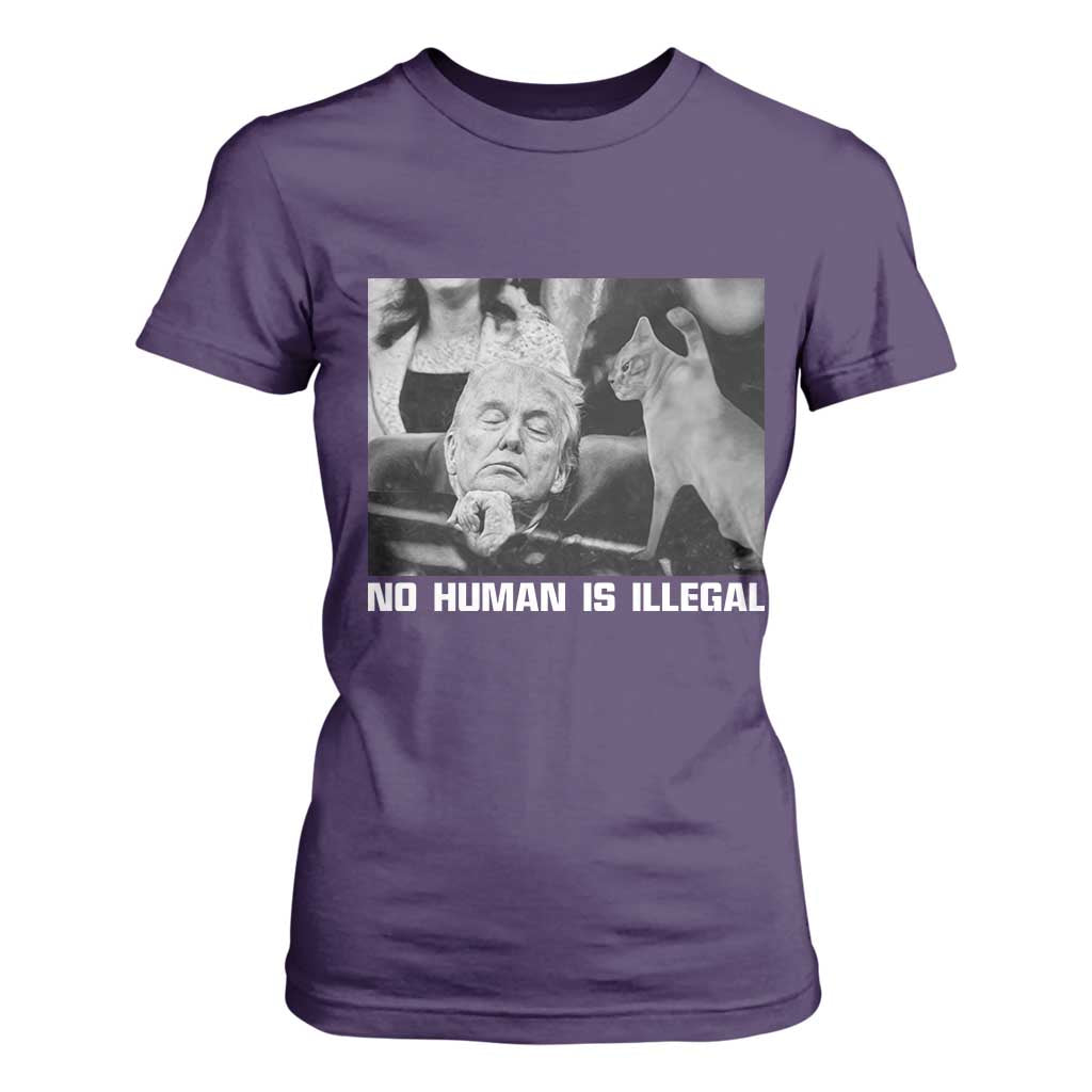 No Human Is Illegal T Shirt For Women Funny Cat Anti ICE Meme TS14 Purple Print Your Wear