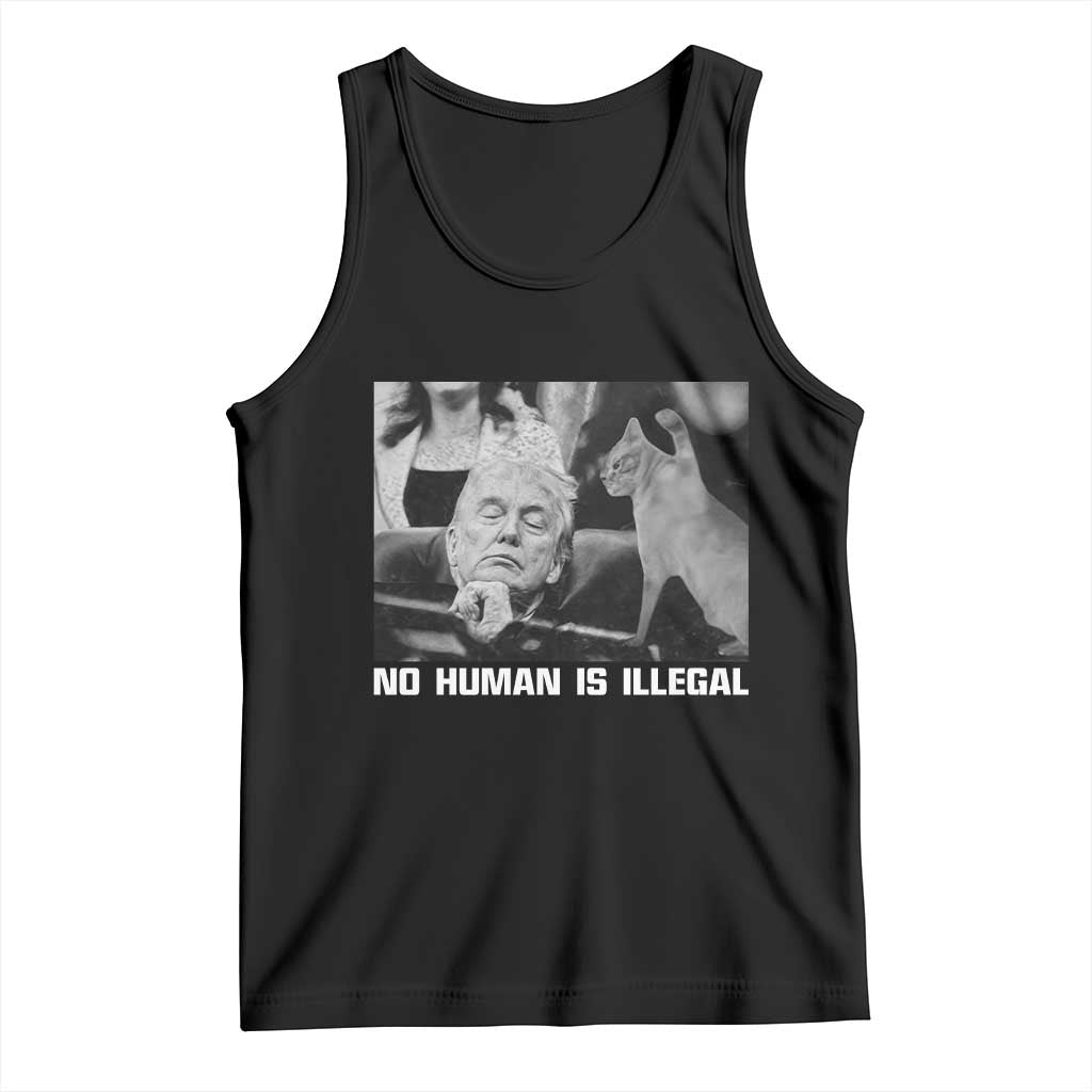 No Human Is Illegal Tank Top Funny Cat Anti ICE Meme TS14 Black Print Your Wear