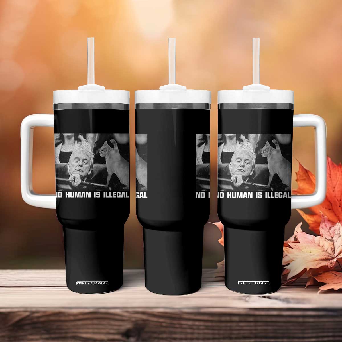 No Human Is Illegal Tumbler With Handle Funny Cat Anti ICE Meme TS14 Print Your Wear