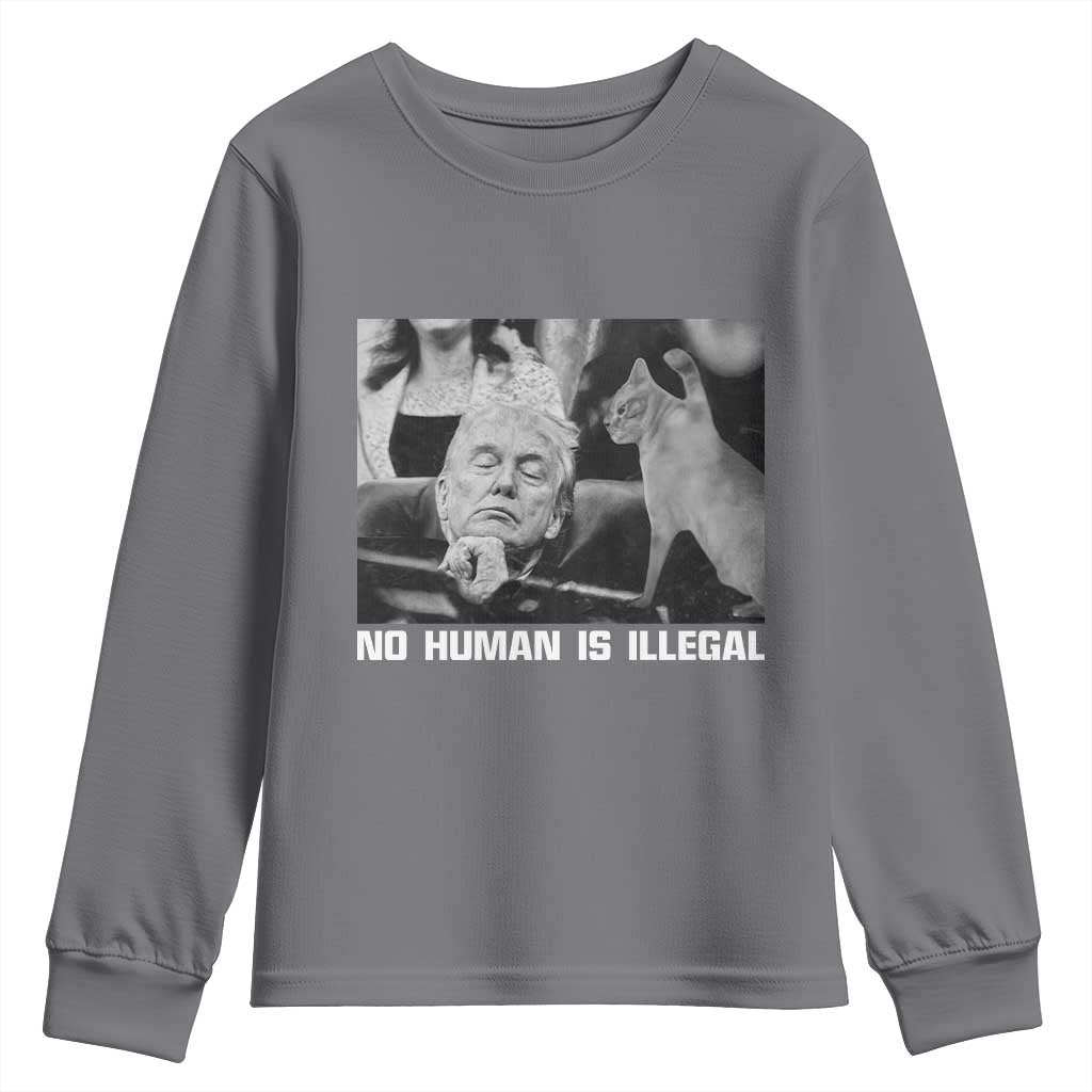 No Human Is Illegal Youth Sweatshirt Funny Cat Anti ICE Meme TS14 Charcoal Print Your Wear