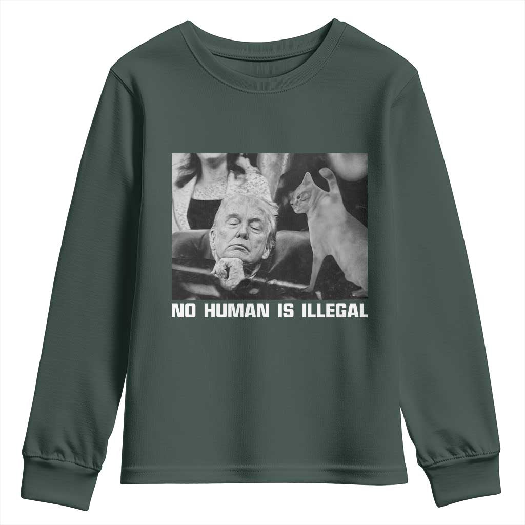 No Human Is Illegal Youth Sweatshirt Funny Cat Anti ICE Meme TS14 Dark Forest Green Print Your Wear