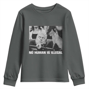 No Human Is Illegal Youth Sweatshirt Funny Cat Anti ICE Meme TS14 Dark Heather Print Your Wear