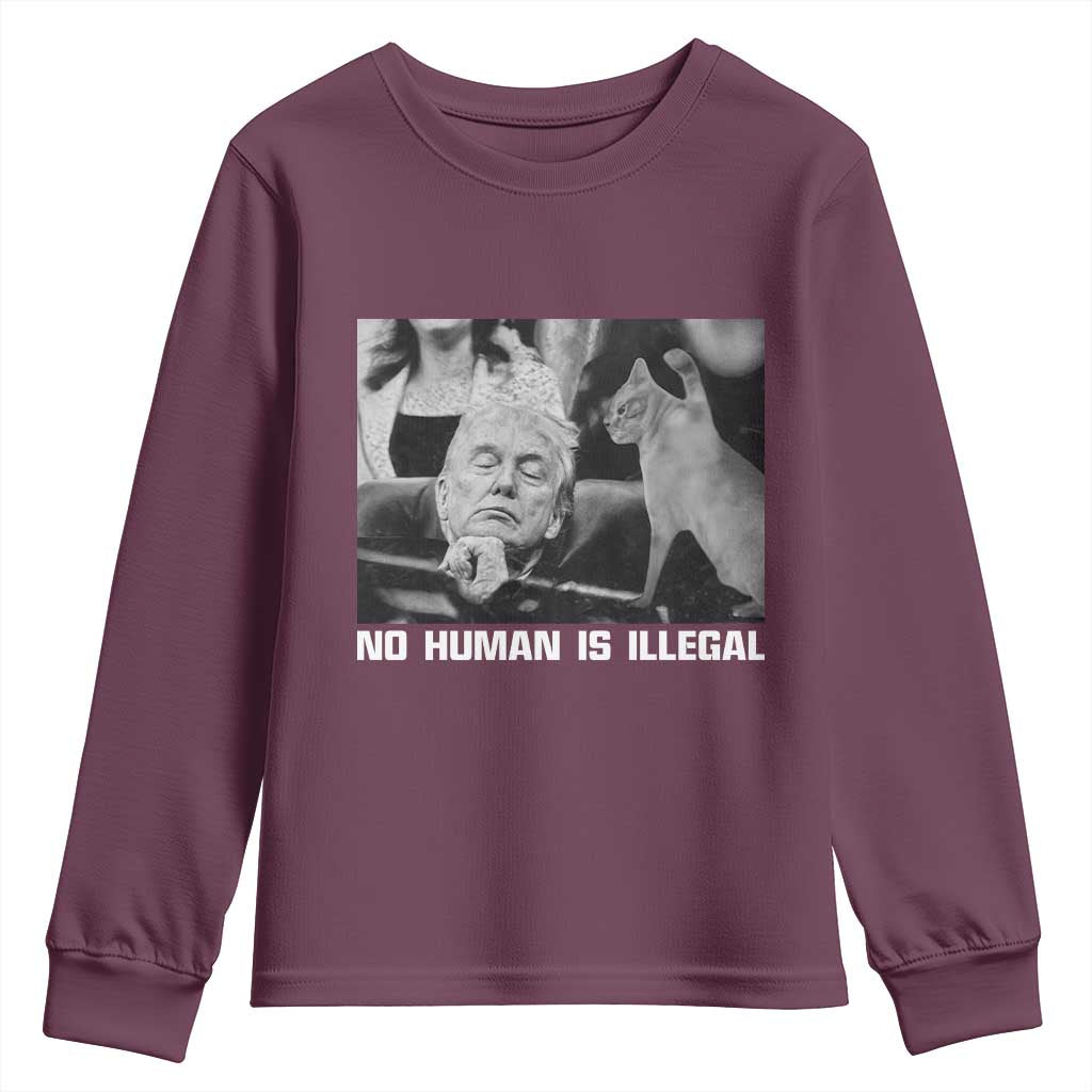 No Human Is Illegal Youth Sweatshirt Funny Cat Anti ICE Meme TS14 Maroon Print Your Wear