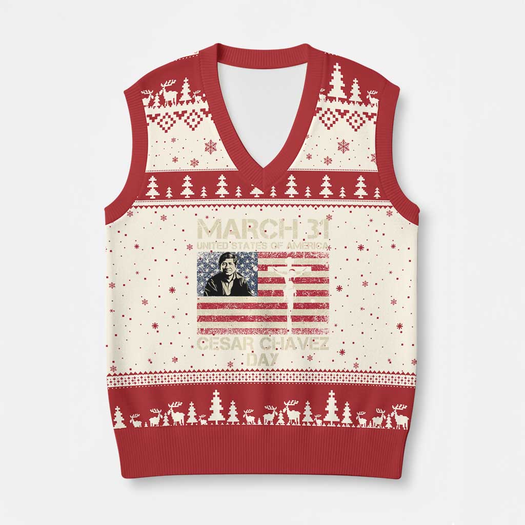 Cesar Chavez March 31 Celebration V-Neck Knit Sweater Vest Christian American Flag Religious TS14 Beige Red Print Your Wear