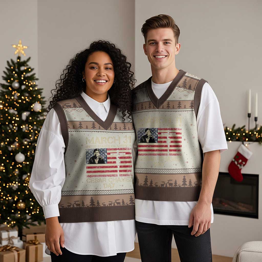 Cesar Chavez March 31 Celebration V-Neck Knit Sweater Vest Christian American Flag Religious TS14 Mocha Mousse Print Your Wear