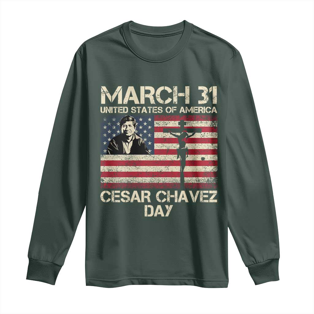 Cesar Chavez March 31 Celebration Long Sleeve Shirt Christian American Flag Religious TS14 Dark Forest Green Print Your Wear