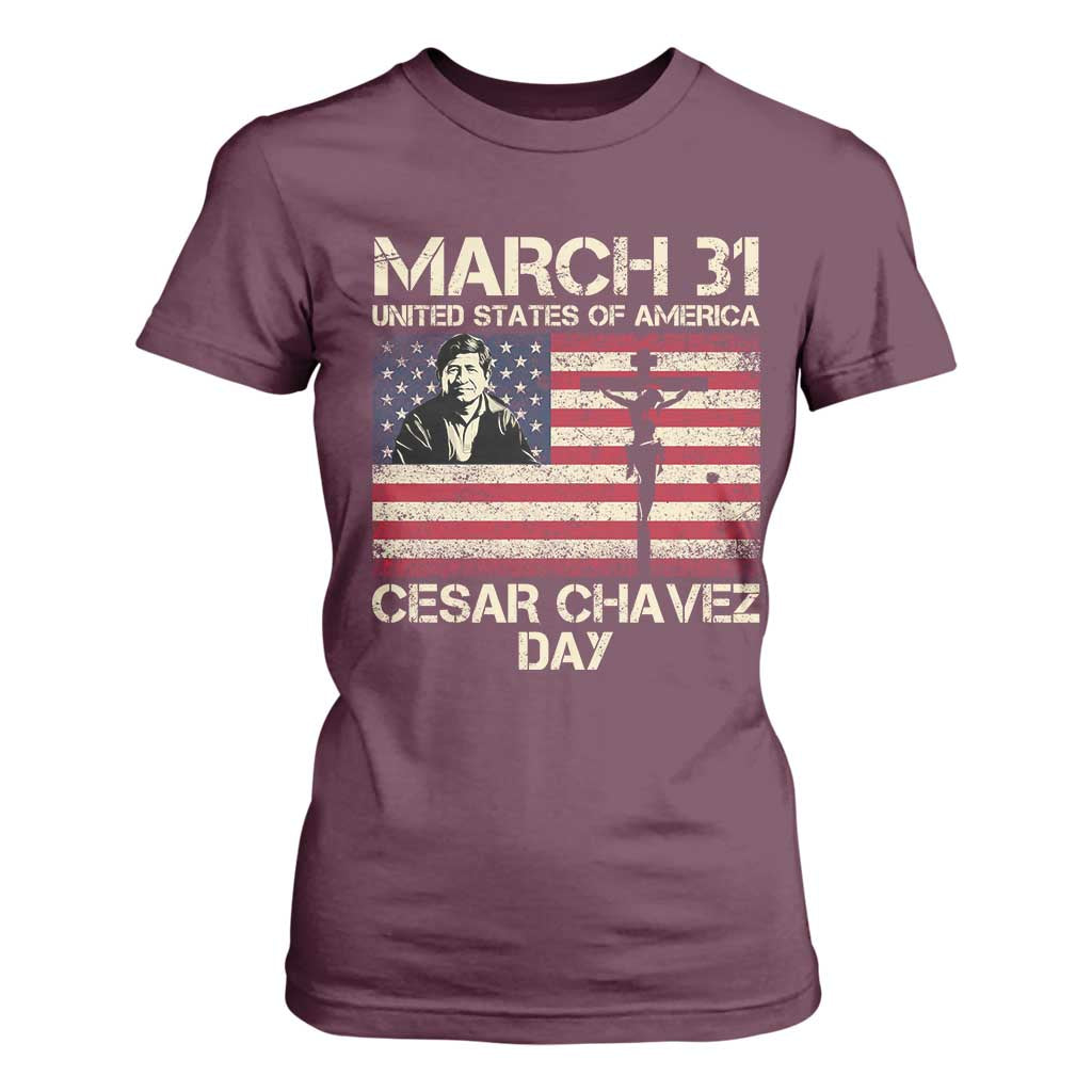 Cesar Chavez March 31 Celebration T Shirt For Women Christian American Flag Religious TS14 Maroon Print Your Wear