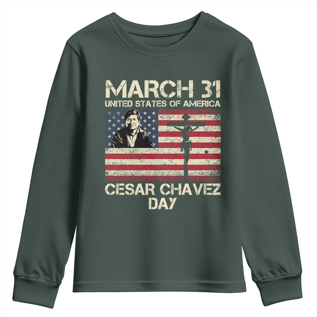 Cesar Chavez March 31 Celebration Youth Sweatshirt Christian American Flag Religious TS14 Dark Forest Green Print Your Wear