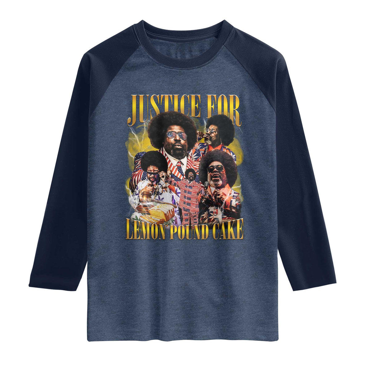 Justice For Lemon Pound Cake Bootleg Graphic Raglan Shirt Retro Rap Free Speech TS14 Heather Denim Navy Print Your Wear