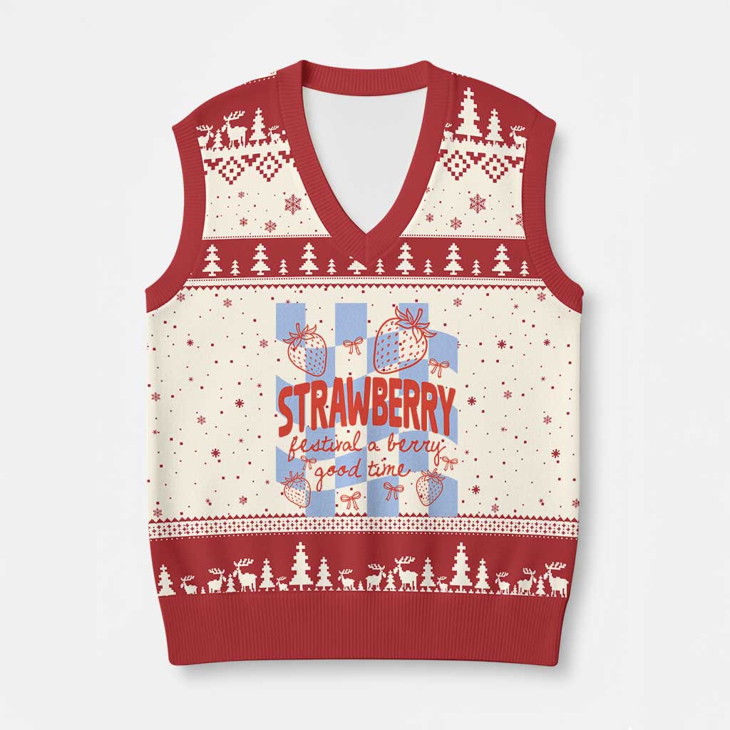Strawberry Festival V-Neck Knit Sweater Vest 1968 A Berry Good Time Summer TS14 Beige Red Print Your Wear