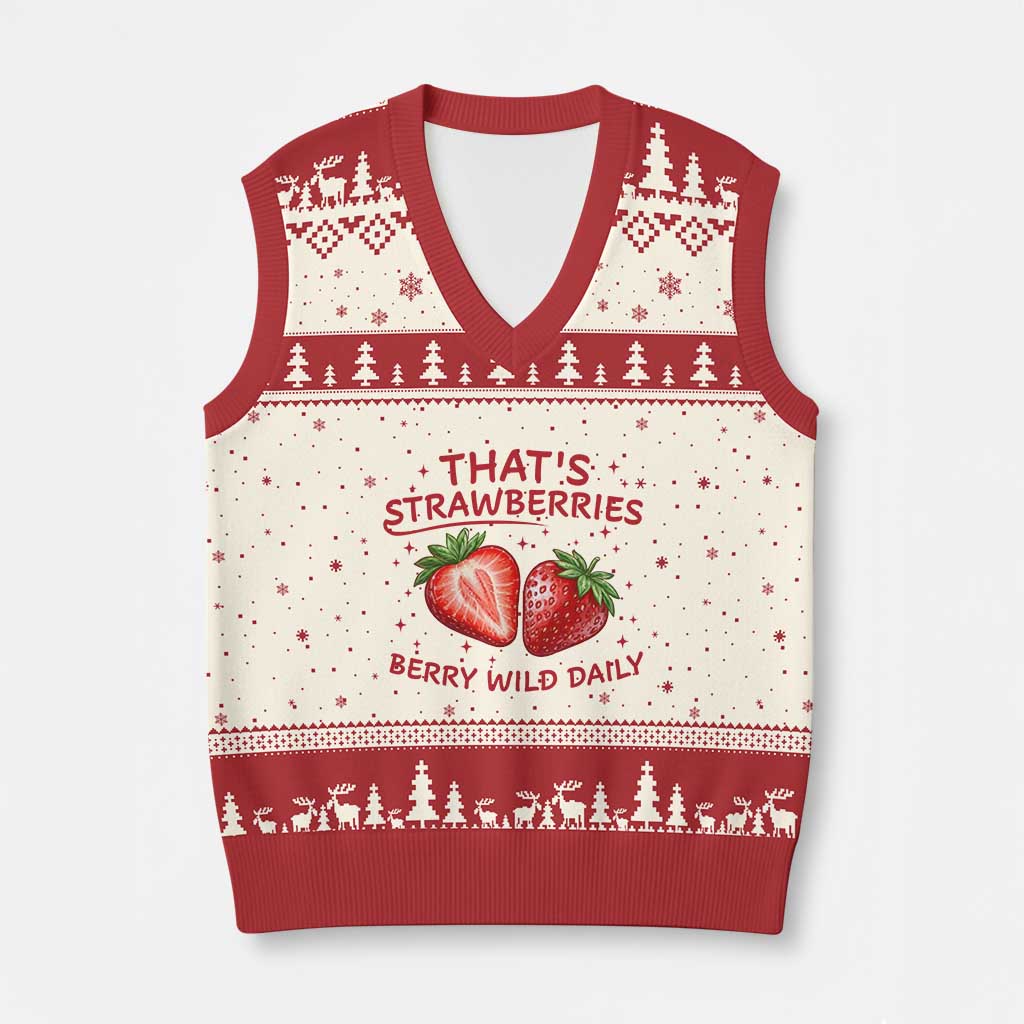 That’s Strawberries V-Neck Knit Sweater Vest Summer Fruit Festival TS14 Beige Red Print Your Wear