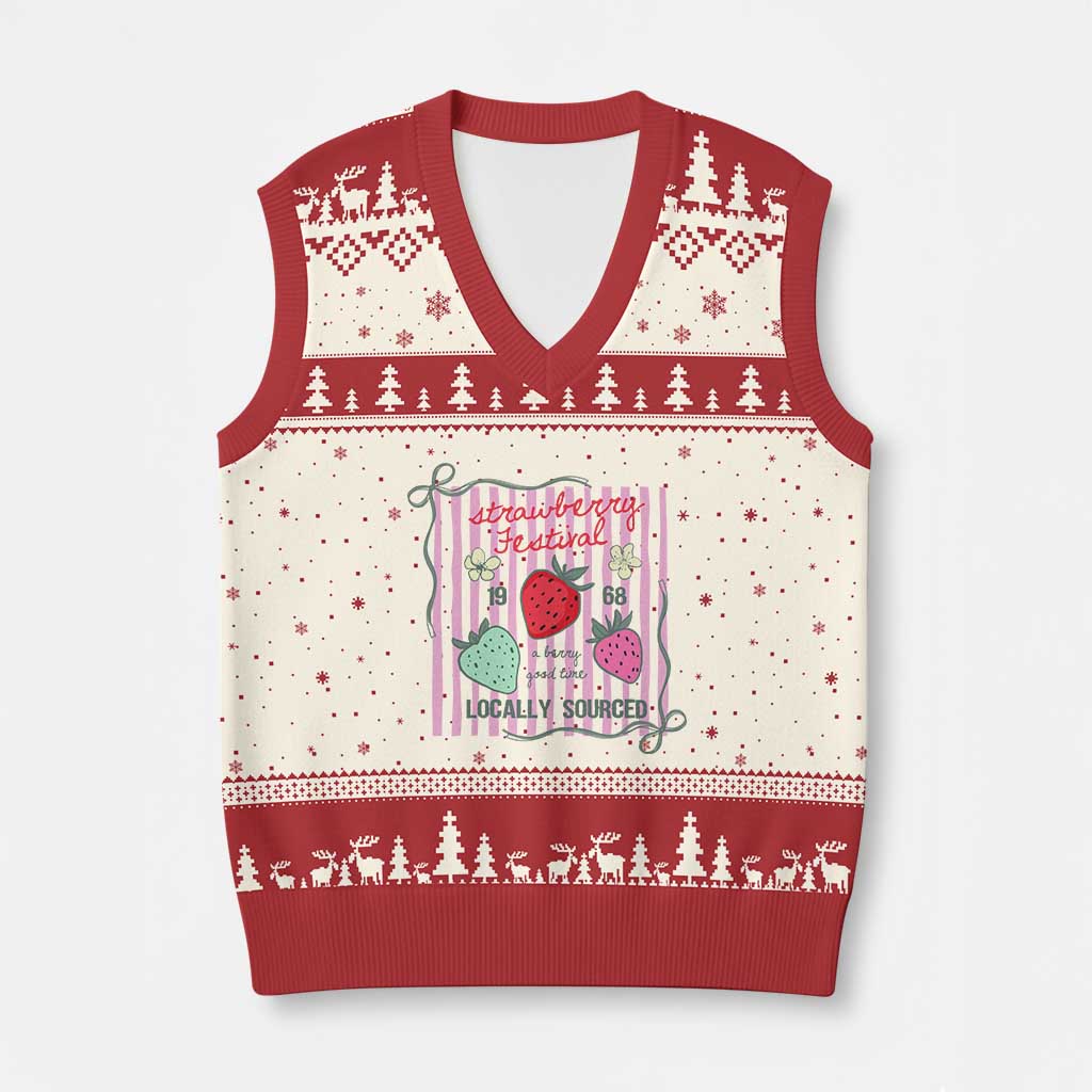 Strawberry Festival V-Neck Knit Sweater Vest Summer Fruit Vibes TS14 Beige Red Print Your Wear