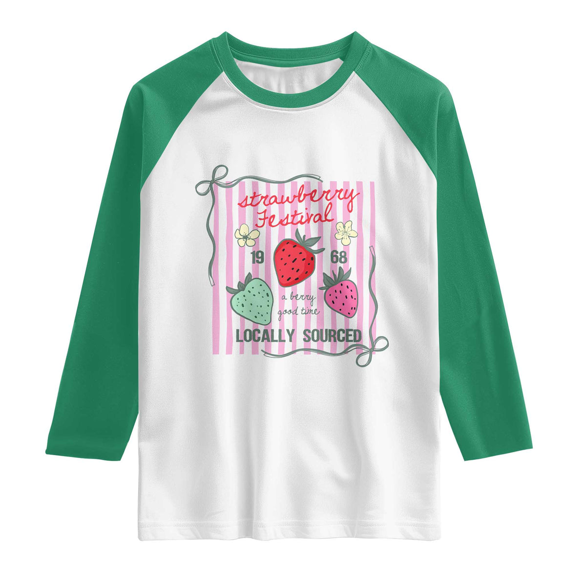 Strawberry Festival Raglan Shirt Summer Fruit Vibes TS14 White Kelly Green Print Your Wear