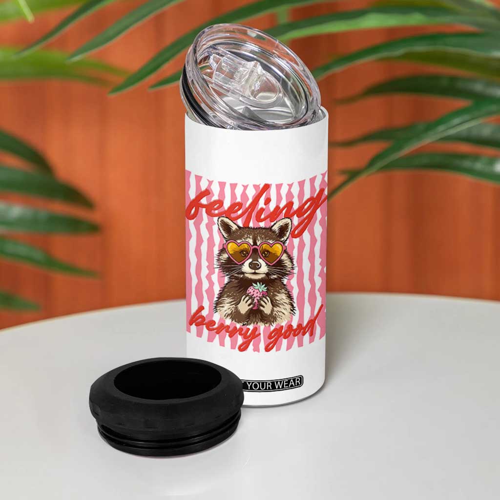 Feeling Berry Good 4 in 1 Can Cooler Tumbler Funny Raccoon Strawberry Summer Vibes TS14 Print Your Wear