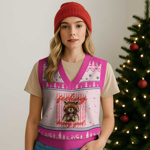 Feeling Berry Good V-Neck Knit Sweater Vest Funny Raccoon Strawberry Summer Vibes TS14 Hot Pink Print Your Wear