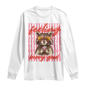 Feeling Berry Good Long Sleeve Shirt Funny Raccoon Strawberry Summer Vibes TS14 White Print Your Wear