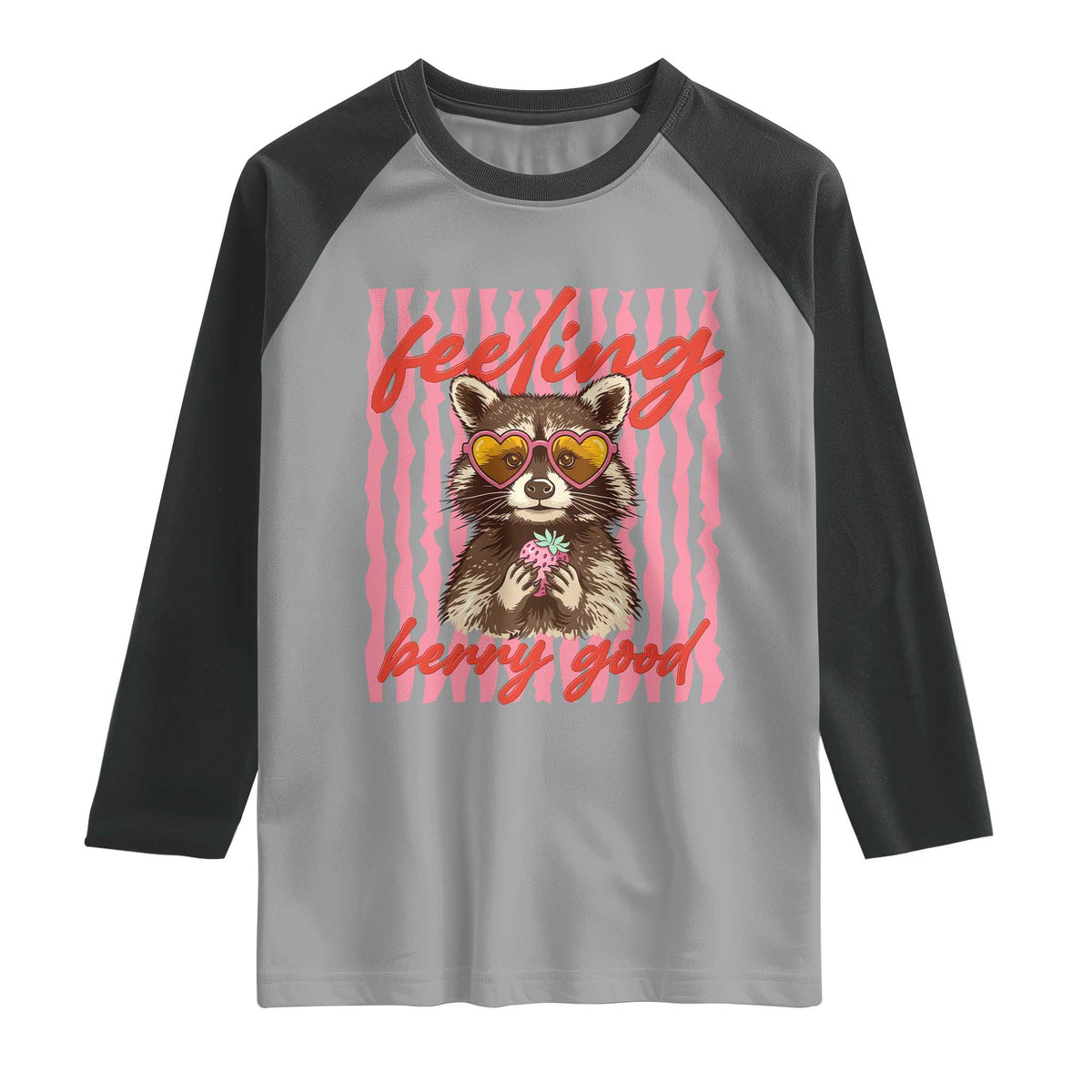 Feeling Berry Good Raglan Shirt Funny Raccoon Strawberry Summer Vibes TS14 Sport Gray Black Print Your Wear