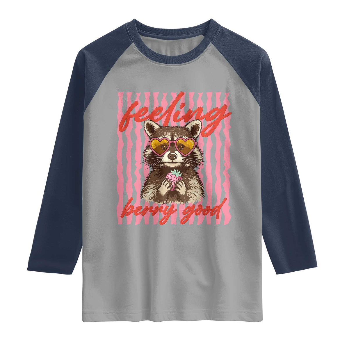 Feeling Berry Good Raglan Shirt Funny Raccoon Strawberry Summer Vibes TS14 Sport Gray Navy Print Your Wear