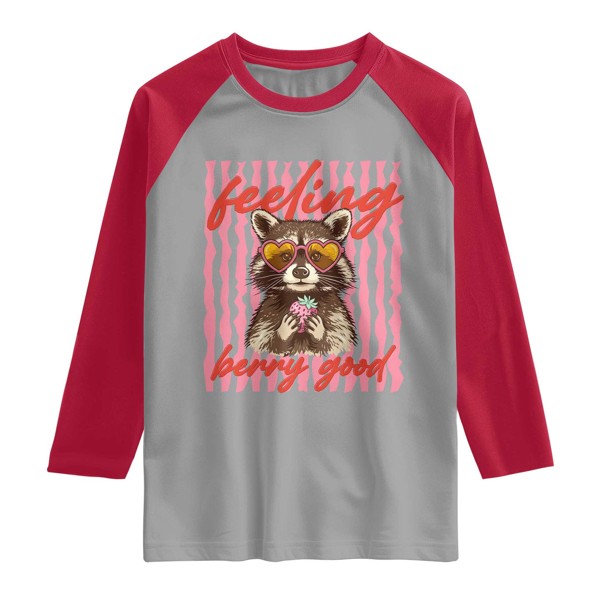 Feeling Berry Good Raglan Shirt Funny Raccoon Strawberry Summer Vibes TS14 Sport Gray Red Print Your Wear