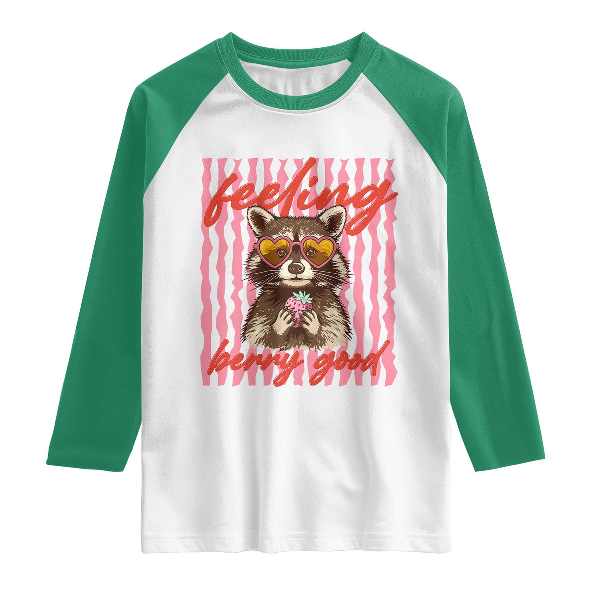 Feeling Berry Good Raglan Shirt Funny Raccoon Strawberry Summer Vibes TS14 White Kelly Green Print Your Wear