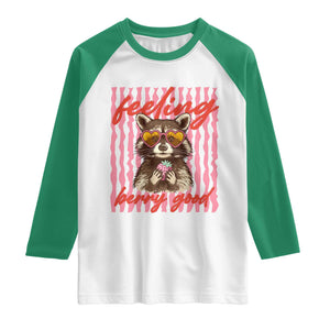 Feeling Berry Good Raglan Shirt Funny Raccoon Strawberry Summer Vibes TS14 White Kelly Green Print Your Wear