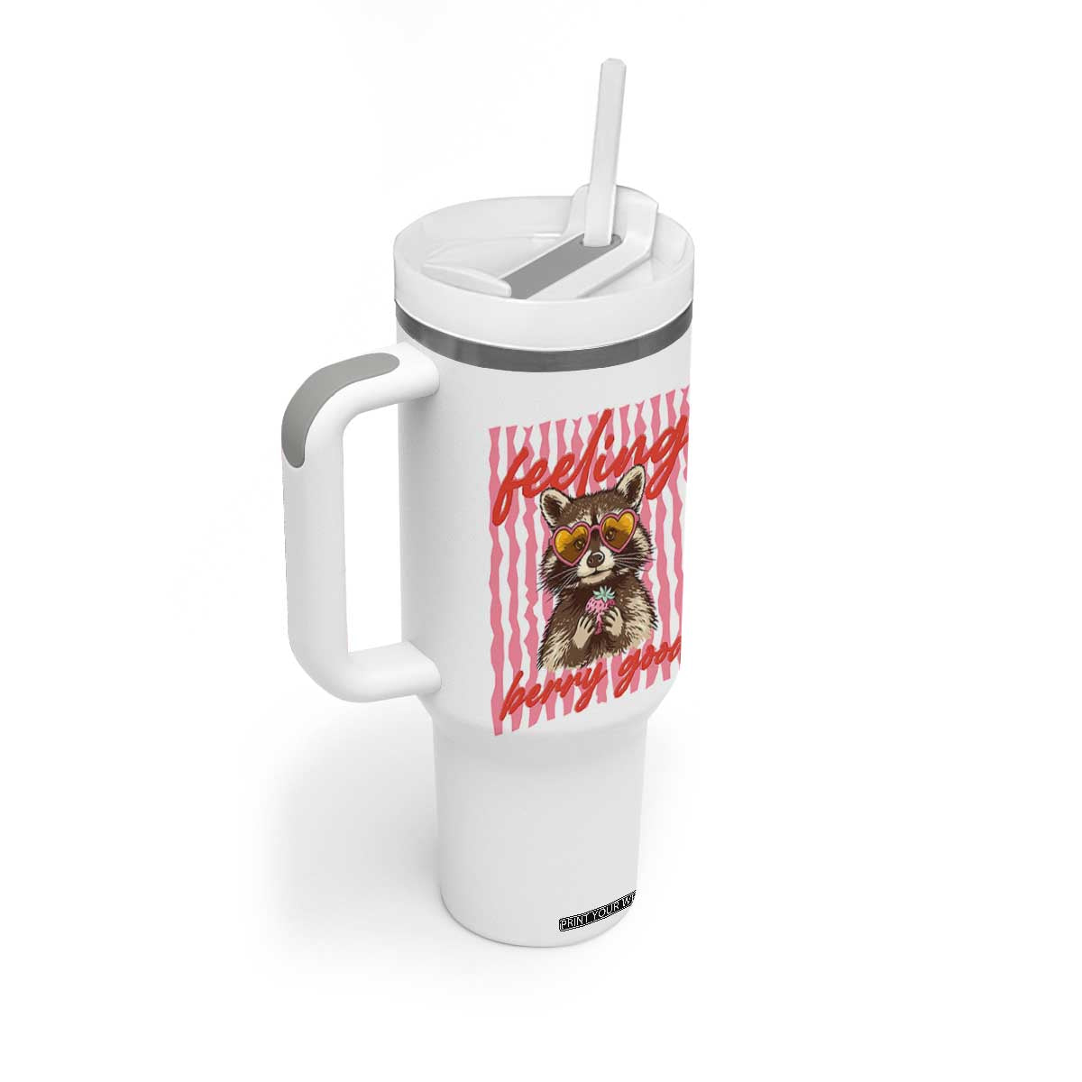Feeling Berry Good Tumbler With Handle Funny Raccoon Strawberry Summer Vibes TS14 Print Your Wear