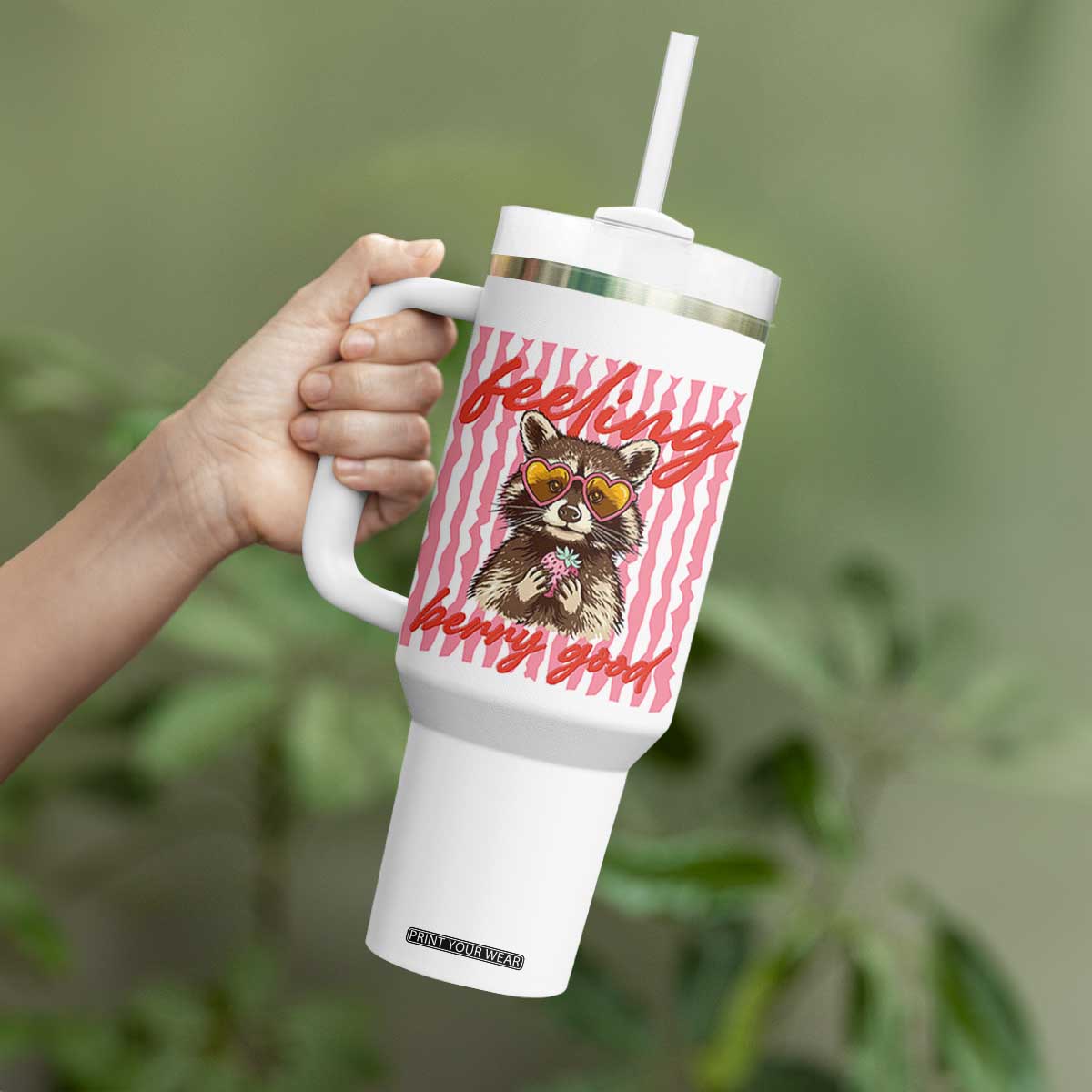 Feeling Berry Good Tumbler With Handle Funny Raccoon Strawberry Summer Vibes TS14 Print Your Wear