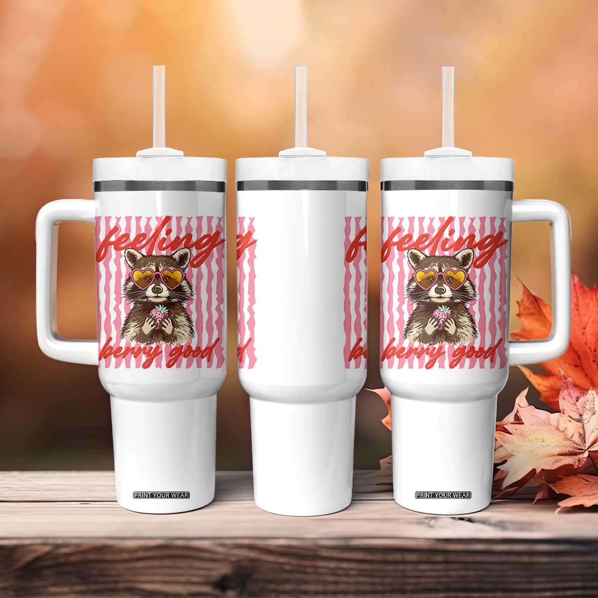 Feeling Berry Good Tumbler With Handle Funny Raccoon Strawberry Summer Vibes TS14 Print Your Wear